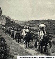 Ute tribesmen mark the ancient route of Ute Pass by Fountain Creek and around Pikes Peak